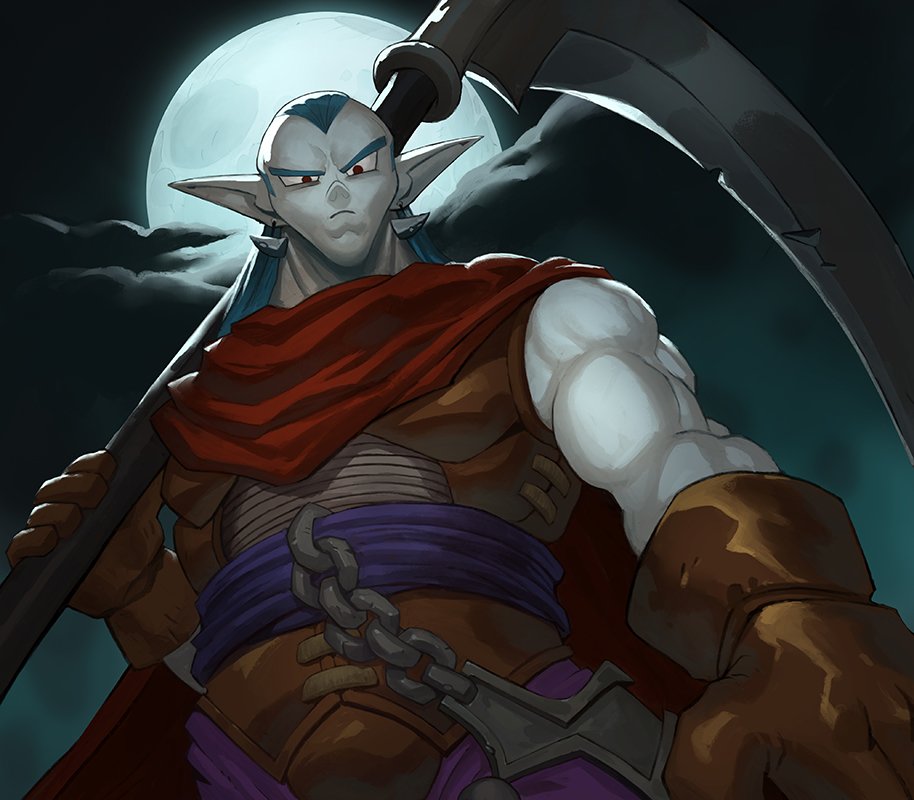 1boy blue_hair brown_gloves cape chipped_weapon chrono_trigger cloud cloudy_sky colored_skin earrings full_moon garrett_hanna gloves grey_skin hair_slicked_back holding holding_scythe holding_weapon jewelry long_hair looking_at_viewer magus_(chrono_trigger) male_focus moon muscular muscular_male night over_shoulder pointy_ears red_cape red_eyes scythe sky sleeveless solo weapon weapon_over_shoulder