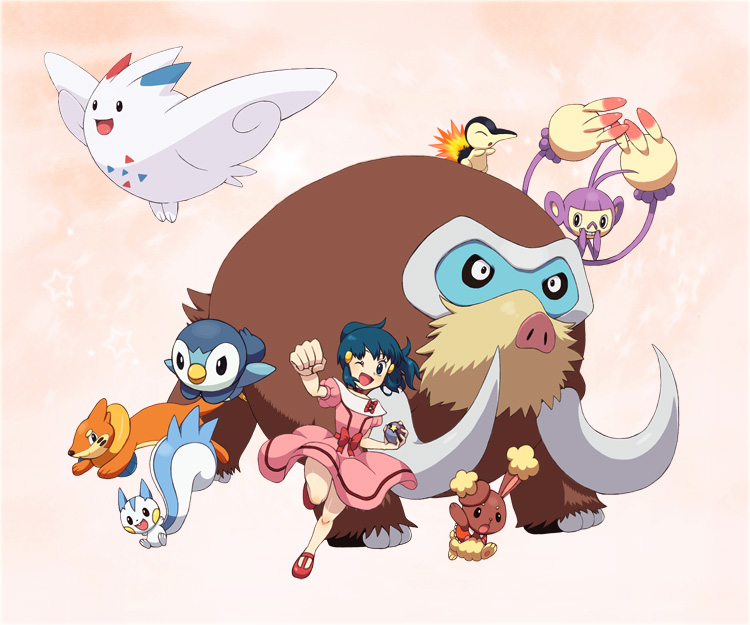 1girl alternate_hairstyle ambipom blue_eyes blue_hair blush buizel buneary clenched_hand cyndaquil dawn_(pokemon) dress fire gen_2_pokemon gen_4_pokemon hair_ornament hairclip mamoswine nintendo one_eye_closed open_mouth pachirisu pink_background pink_dress piplup poke_ball pokemon pokemon_(anime) pokemon_(creature) pokemon_dppt_(anime) ponytail ribbon sidelocks skirt smile standing standing_on_one_leg star_(symbol) togekiss wings yakou_(9617-564)