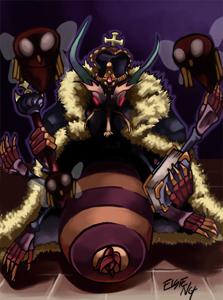 bee beelzebub_(ragnarok_online) blue_cape blue_crown book bug cape commentary cross crown english_commentary fly full_body fur-trimmed_cape fur_trim hell_fly holding holding_book holding_staff insect livinitmellow looking_at_viewer monster no_humans purple_background ragnarok_online signature staff tile_floor tiles
