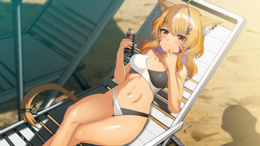 1girl 364ing ahoge animal_ear_fluff animal_ears beach bikini blonde_hair blush breasts cat_ears cat_girl cat_tail chair colored_inner_hair commentary english_commentary facial_mark indie_virtual_youtuber long_hair looking_at_viewer lotion_bottle lounge_chair medium_breasts multicolored_bikini multicolored_hair outdoors purple_hair red_eyes ribbon second-party_source shadow shyrei_faolan solo streaked_hair swimsuit tail tail_ornament tail_ribbon two-tone_bikini two-tone_hair virtual_youtuber whisker_markings
