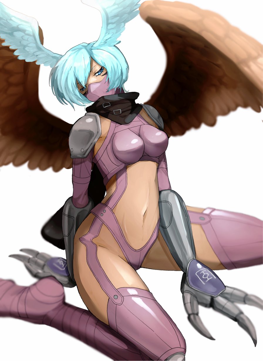 1girl blue_eyes blue_hair breasts claws digimon digimon_(creature) digimon_frontier facial_mark feathered_wings female_focus head_wings highres mask medium_hair shiny_skin shutumon simple_background sitting small_breasts takeda_conomi thighs white_background wings