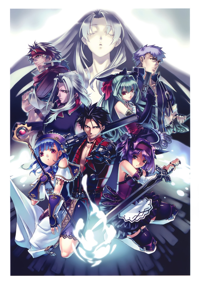 4boys 4girls adel_(blazing_souls) alia_(blazing_souls) bike_shorts black_hair blazing_souls blue_hair choker coat duzer duzer_(blazing_souls) closed_eyes gloves green_hair gun hair_intakes hair_ribbon hairband half_updo headband hirano_katsuyuki le_guen lisa_(blazing_souls) little_snow long_hair multiple_boys multiple_girls naiz naiz_(blazing_souls) official_art purple_hair red_eyes ribbon short_hair skirt smile spectral_(series) spectral_force staff sword weapon white_hair zelos_(blazing_souls)