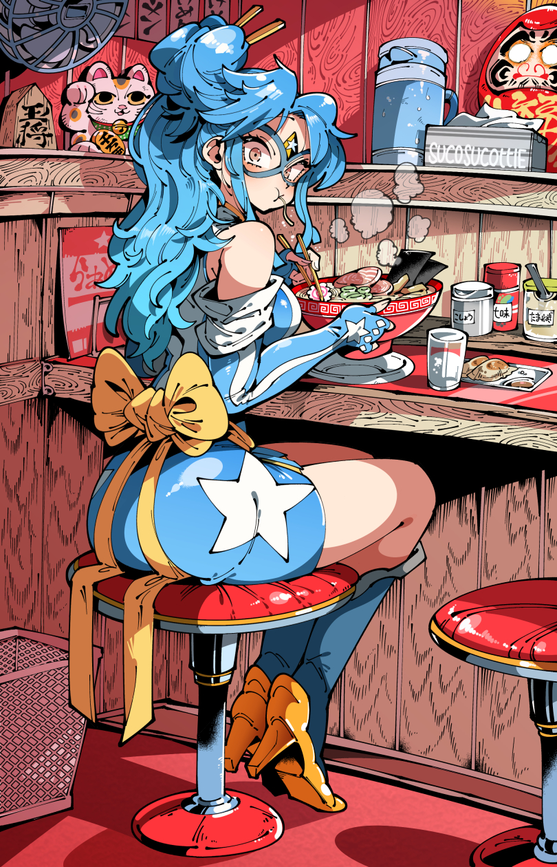 1girl :t ass bare_shoulders boots bow bowl breasts chopsticks cup daruma_doll domino_mask drink drinking_glass eating elbow_gloves electric_fan food gloves hair_bun half_updo high_heel_boots high_heels highres holding holding_chopsticks kafun kamaboko kamen_america_(comic) kamen_ramen large_breasts legs_together long_hair looking_back maneki-neko mask meat narutomaki noodles parted_bangs ramen restaurant sitting solo star_(symbol) steam stool superhero_costume tissue_box yellow_bow