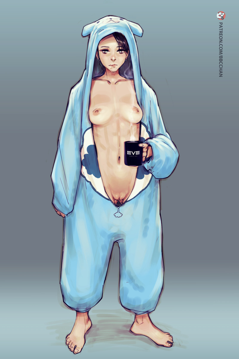 1girl abs animal_costume animal_hood barefoot bbc-chan black_hair borrowed_character breasts care_bears coffee_mug commentary copyright_logo cosplay cup earrings english_commentary eve_online female_focus full-length_zipper full_body gluteal_fold grumpy_bear grumpy_bear_(cosplay) hair_over_one_eye highres hood jewelry kigurumi logo long_sleeves mug nipples no_bra no_panties onesie original patreon_username perky_breasts pussy short_hair sleepy sleeves_past_wrists small_breasts solo stomach stud_earrings uncensored unzipped zipper