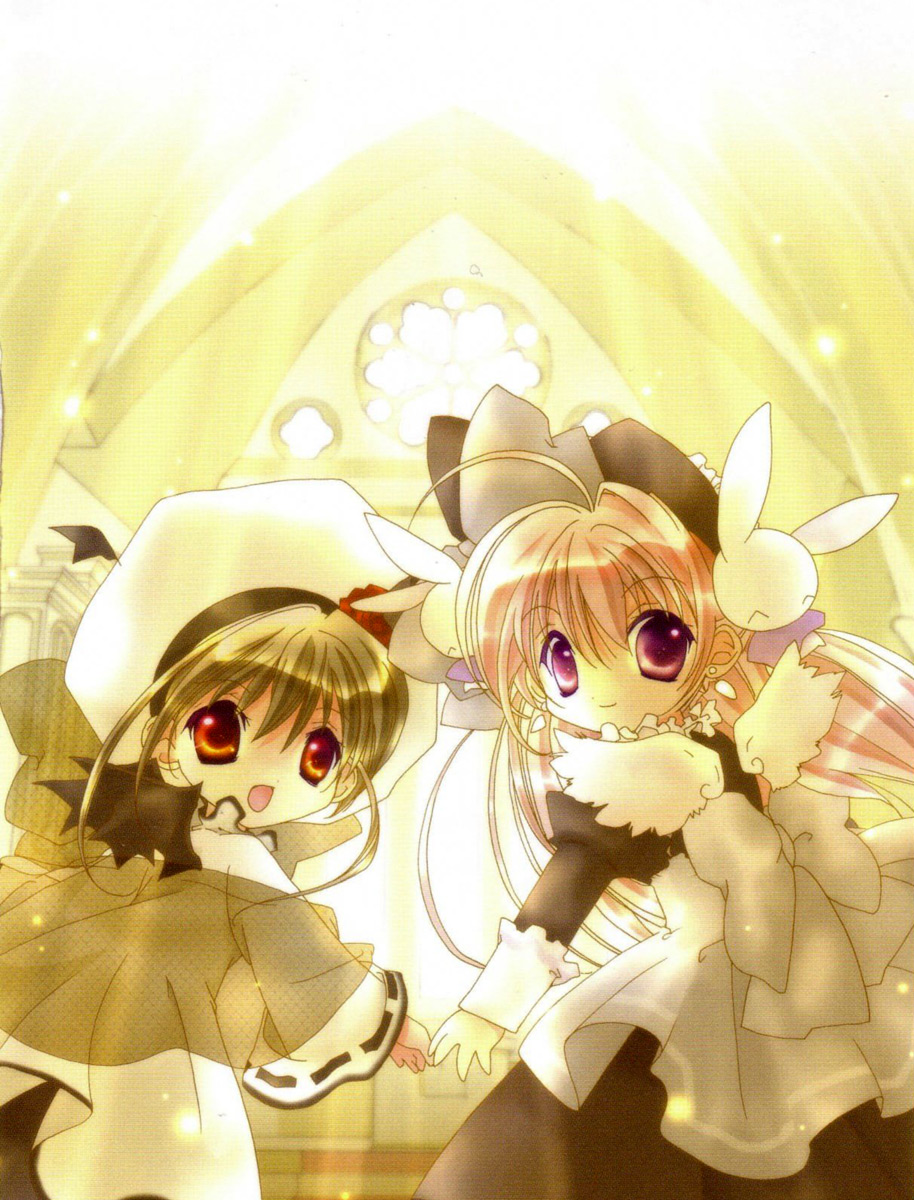 1boy 1girl :d ahoge angel angel_wings bat_wings brown_hair rabbit_hair_ornament church demon dress earrings from_behind hair_ornament hat highres jewelry koge_donbo long_hair looking_at_viewer looking_back misha misha_(pita_ten) official_art open_mouth pink_hair pita_ten purple_eyes red_eyes scan shia shia_(pita_ten) smile white_wings wings