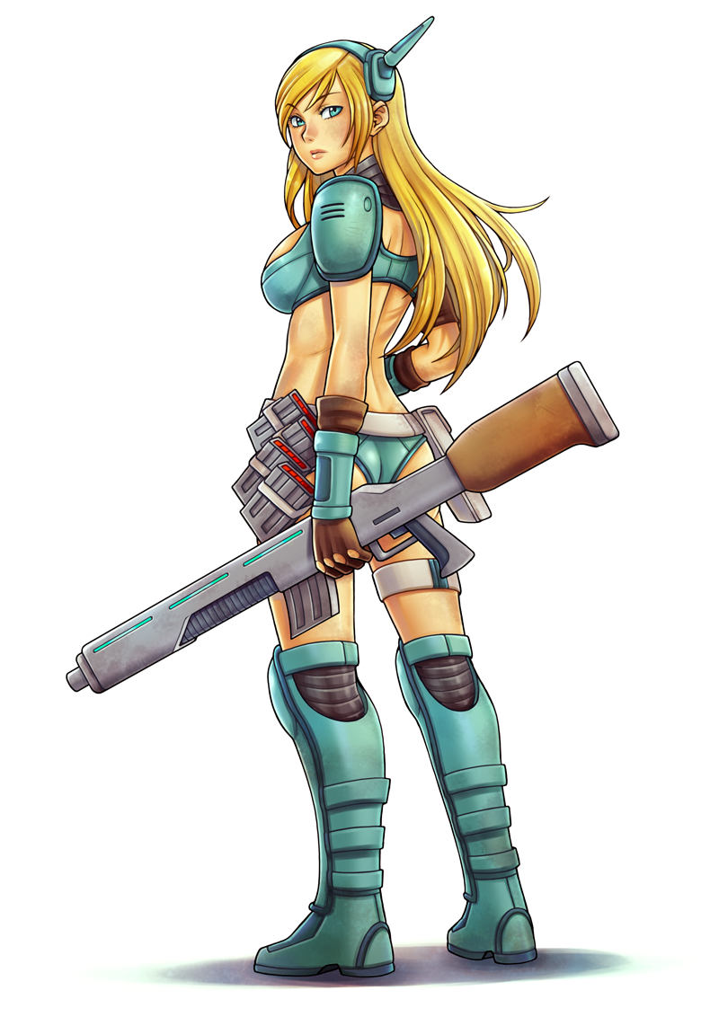 1girl ass blonde_hair breasts contra contra_hard_corps female_focus gun hayuk0 konami large_breasts looking_back sheena_etranzi simple_background solo weapon