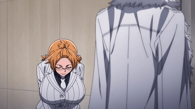 1boy 1girl 2025 20s animated animated_gif bow bowing bowtie braid breasts cloak closed_eyes collared_shirt formal_clothes freckles fur-trimmed_cloak fur_trim glasses hair_ornament hairband hairclip jacket large_breasts long_sleeves looking_at_viewer medium_hair momota_hina momoya_samidare multicolored_jacket orange_hair pants ponytail shirt standing striped_clothes striped_jacket striped_pants suit tagme tougen_anki twin_braids twintails two-tone_jacket two-tone_pants vertical-striped_clothes vertical-striped_jacket white_bow white_cloak white_jacket white_suit