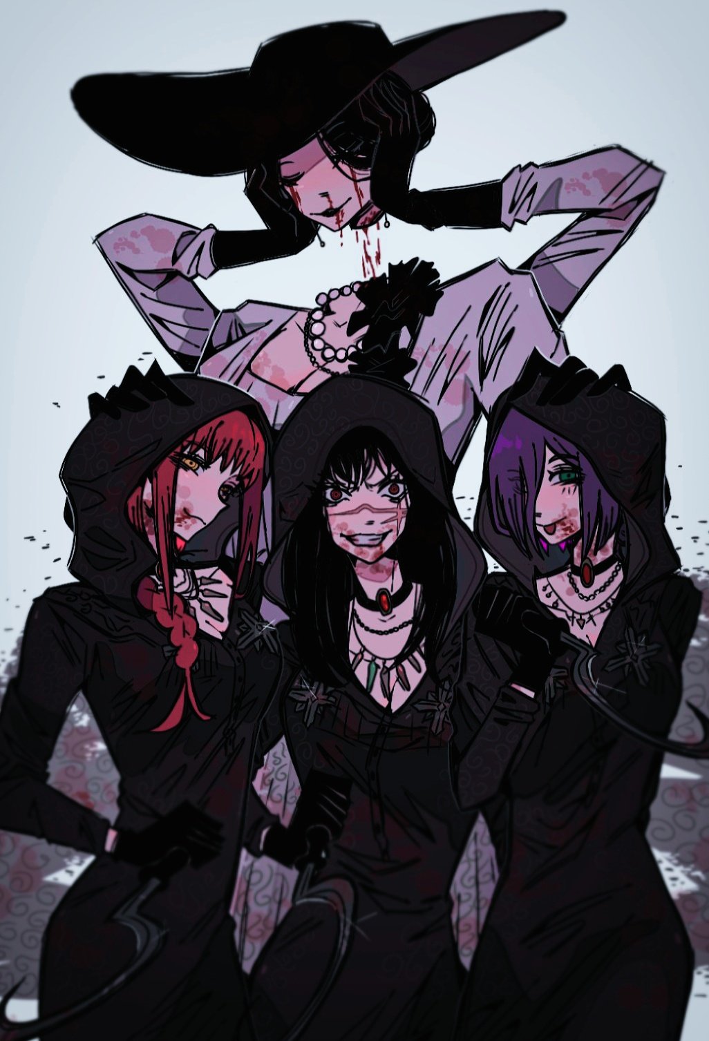 31ulkubo 4girls alcina_dimitrescu alcina_dimitrescu_(cosplay) bela_dimitrescu bela_dimitrescu_(cosplay) black_blood black_choker black_flower black_gloves black_hair black_hood black_tears blood blood_drip blood_from_mouth blood_on_breasts blood_on_face blood_on_mouth bloody_tears braid braided_ponytail breasts cassandra_dimitrescu cassandra_dimitrescu_(cosplay) chainsaw_man choker cleavage closed_eyes closed_mouth corsage cosplay crazy_eyes crazy_smile cross_scar daniela_dimitrescu daniela_dimitrescu_(cosplay) disembodied_head dress earrings elbow_gloves extra_arms facial_scar falling_devil_(chainsaw_man) flower gloves green_eyes hair_between_eyes hat highres holding holding_detached_head holding_sickle hood hooded_dress jewelry large_breasts long_arms long_hair long_sleeves looking_at_viewer makeup makima_(chainsaw_man) mature_female medium_breasts medium_hair mitaka_asa multiple_girls necklace nosebleed pale_skin pearl_earrings pearl_necklace purple_hair red_eyes red_hair resident_evil resident_evil_village reze_(chainsaw_man) ringed_eyes scar scar_on_cheek scar_on_face scar_on_nose severed_head short_hair sickle sidelocks simple_background smile sun_hat tall_female vampire white_dress yellow_eyes yoru_(chainsaw_man)