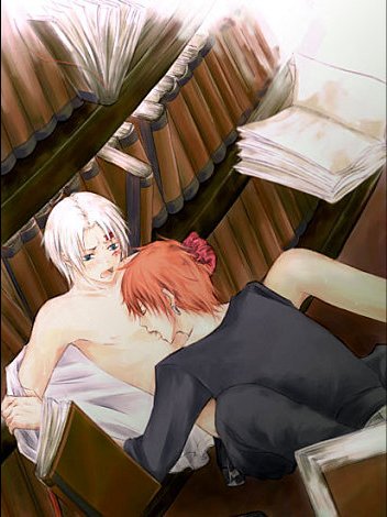 2boys allen_walker black_shirt blush book cum d.gray-man earrings grey_eyes jewelry lavi library licking lowres male_focus multiple_boys open_clothes open_shirt pants_around_one_leg red_hair shelf shirt sitting tattoo tongue undressing white_hair yaoi