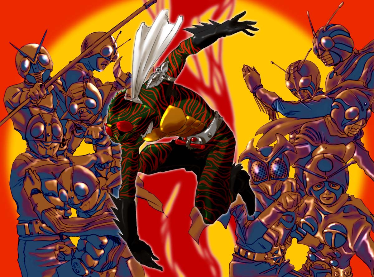 1girl 6+boys antennae armlet belt electro_wave_human_tackle gloves horns jewelry kamen_rider kamen_rider_(1st_series) kamen_rider_1 kamen_rider_2 kamen_rider_amazon kamen_rider_stronger kamen_rider_super-1 kamen_rider_v3 kamen_rider_x kamen_rider_zx multiple_boys riderman scarf single_horn skyrider staff
