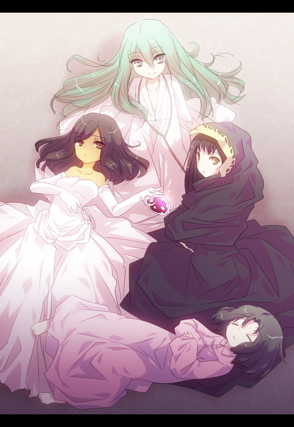 1boy 3girls androgynous bad_id bad_pixiv_id bare_shoulders brown_eyes brown_hair cloak cup dress drinking_glass elbow_gloves enkidu_(fate) fate/strange_fake fate_(series) gloves green_hair grey_eyes highres hood kuruoka_tsubaki letterboxed long_hair matsuzono multiple_boys multiple_girls no_name_assassin_(fate) robe tine_chelc wine_glass