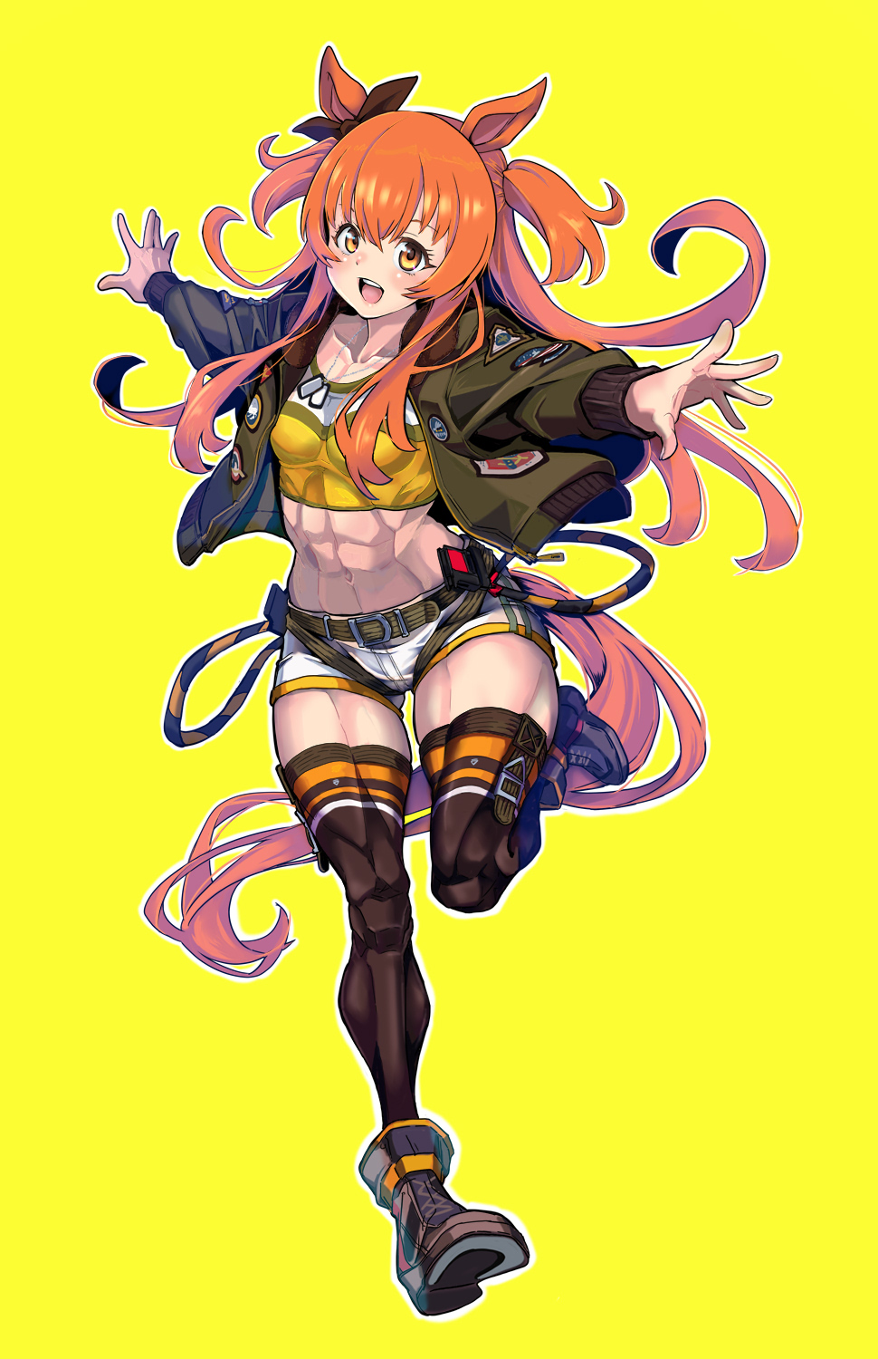 1girl abs animal_ears belt black_boots black_bow black_thighhighs blush bomber_jacket boots bow breasts commentary_request crop_top ear_bow full_body fur-trimmed_jacket fur_trim hair_between_eyes harness highres horse_ears horse_girl horse_tail jacket jacket_partially_removed long_sleeves looking_at_viewer mayano_top_gun_(umamusume) midriff muscular muscular_female navel open_mouth orange_hair shorts simple_background small_breasts smile solo tail take_nii teeth thighhighs two_side_up umamusume upper_teeth_only white_shorts yellow_background