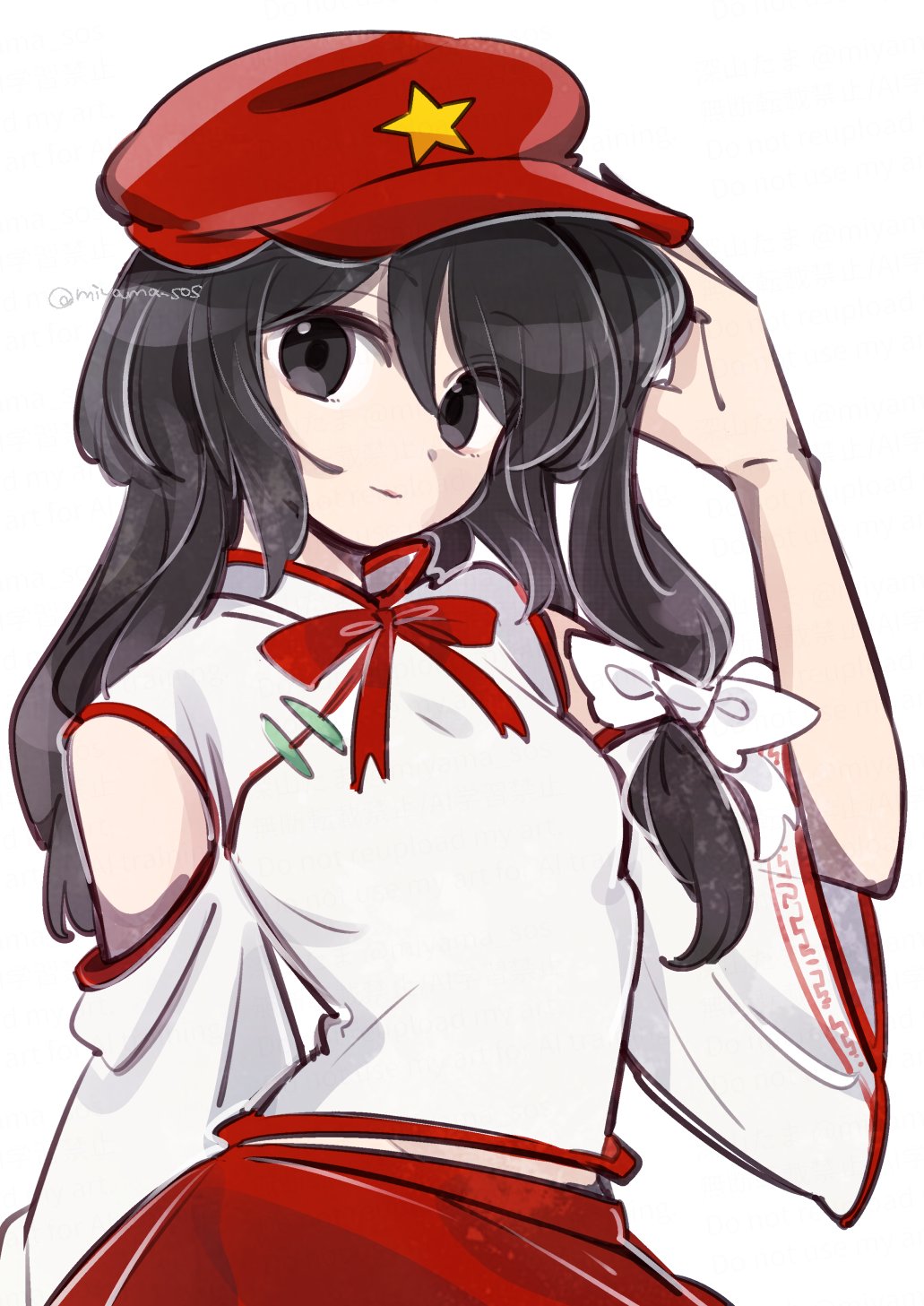 1girl bare_shoulders black_eyes black_hair closed_mouth commentary_request detached_sleeves dolls_in_pseudo_paradise hair_ribbon hand_in_own_hair hat hat_ornament highres label_girl_(dipp) long_hair long_sleeves looking_at_viewer mandarin_collar neck_ribbon newsboy_cap red_hat red_ribbon red_skirt ribbon shirt side_ponytail simple_background skirt sleeveless sleeveless_shirt smile solo star_(symbol) star_hat_ornament tama_(hiroshige_36) touhou white_background white_ribbon white_shirt white_sleeves