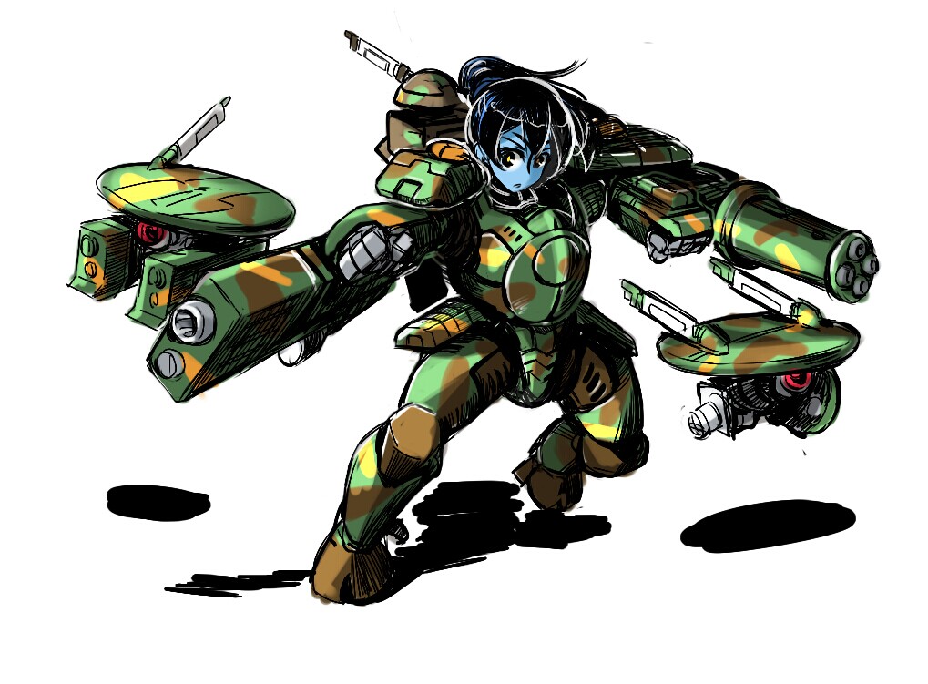 1girl alien armor backpack bag bckong black_eyes black_hair blue_skin camouflage closed_mouth colored_skin commentary_request drone gatling_gun gun hair_flowing_over leg_up looking_to_the_side minigun ponytail radio_antenna science_fiction shadow solo standing standing_on_one_leg t&#039;au tau_drone warhammer_40k weapon yellow_pupils