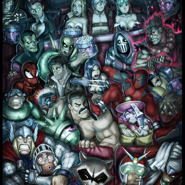 00s 10s 5girls 6+boys akuma_(street_fighter) alien alternate_costume breasts camera capcom captain_america cigarette cleavage clenched_teeth closed_mouth collarbone crimson_viper crossover dante_(devil_may_cry) dead_rising deadpool deadpool_(series) devil_may_cry_(series) doctor_strange everyone expressionless facial_hair felicia_(darkstalkers) final_fight food frank_west from_below guardians_of_the_galaxy helmet joe_vriens hsien-ko looking_at_viewer makaimura marvel marvel_cinematic_universe marvel_vs._capcom marvel_vs._capcom_3 medium_breasts mega_man_(series) mega_man_x_(series) mike_haggar morrigan_aensland multiple_boys multiple_crossover multiple_girls muscular mustache open_mouth popcorn raccoon rocket_raccoon sentinel_(x-men) shuma_gorath sir_arthur_(makaimura) sleeping spider-man spider-man_(series) steve_rogers street_fighter strider_hiryuu super-skrull superhero_costume taskmaster teeth theater thor_(marvel) trish_(devil_may_cry) darkstalkers viewtiful_joe viewtiful_joe_(character) wolverine_(x-men) x-23 x-men zero_(mega_man)