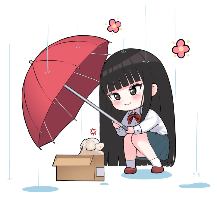 1girl angry black_hair blunt_bangs blush bow bowtie box brown_shoes buttoned_cuffs buttons chibi closed_mouth commentary dog english_commentary flower frilled_skirt frills full_body green_skirt grey_eyes holding holding_umbrella ine_(ineinnen) kimi_ni_todoke kuronuma_sawako long_sleeves loose_bowtie puddle rain school_uniform shirt shoes simple_background skirt smile solo squatting umbrella white_background white_legwear white_shirt