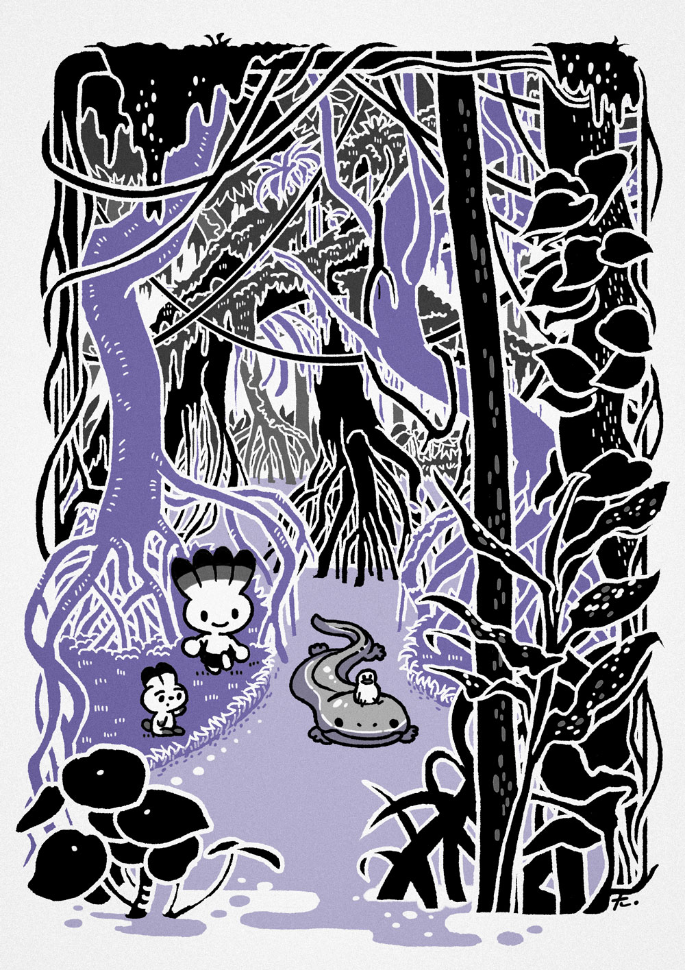 2boys animal animal_on_head bird bird_on_head black_shorts border commentary creature foliage highres leaf lizard multiple_boys nature on_head original outdoors plant plant_roots purple_theme shorts smile solid_circle_eyes spot_color standing stream symbol-only_commentary takitasaki vines water wetland white_border