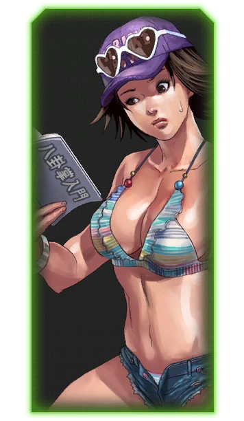 1girl bangle baseball_cap bikini bikini_top_only book bracelet breasts brown_eyes brown_hair cleavage denim denim_shorts eyewear_on_head green_eyes hat heart heart-shaped_eyewear heart-shaped_glasses heart-shaped_sunglasses hirano_miharu jewelry junny medium_breasts namco navel official_art panties short_hair short_shorts shorts smile solo striped_bikini striped_bikini_top striped_clothes sunglasses sweatdrop swimsuit tekken tekken_tag_tournament_2 underwear