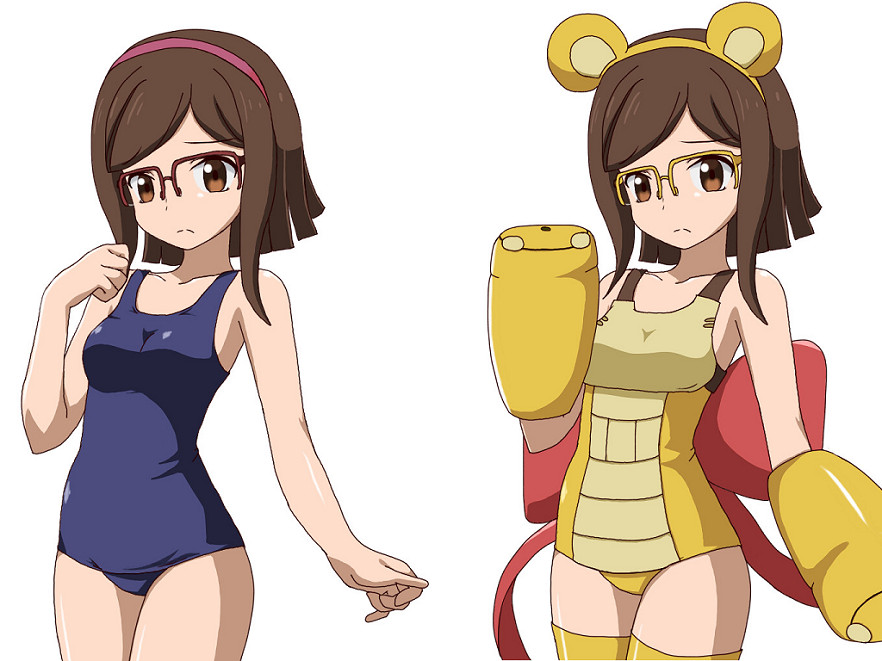 10s 1girl alternate_costume beargguy_iii beargguy_iii_(cosplay) blush brown_eyes brown_hair cosplay dual_persona female_focus glasses guchiaki gundam gundam_build_fighters hairband kousaka_china over-rim_eyewear red-framed_eyewear school_swimsuit semi-rimless_eyewear short_hair solo swimsuit