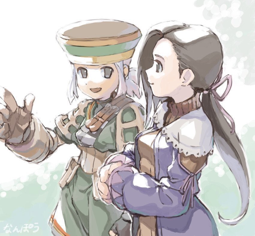 1boy 1girl claire_(dewprism) dewprism dress gloves grey_eyes grey_hair hat long_hair looking_at_another low_ponytail nanpou_(nanpou0021) open_mouth ponytail rue_(dewprism) sketch smile upper_body