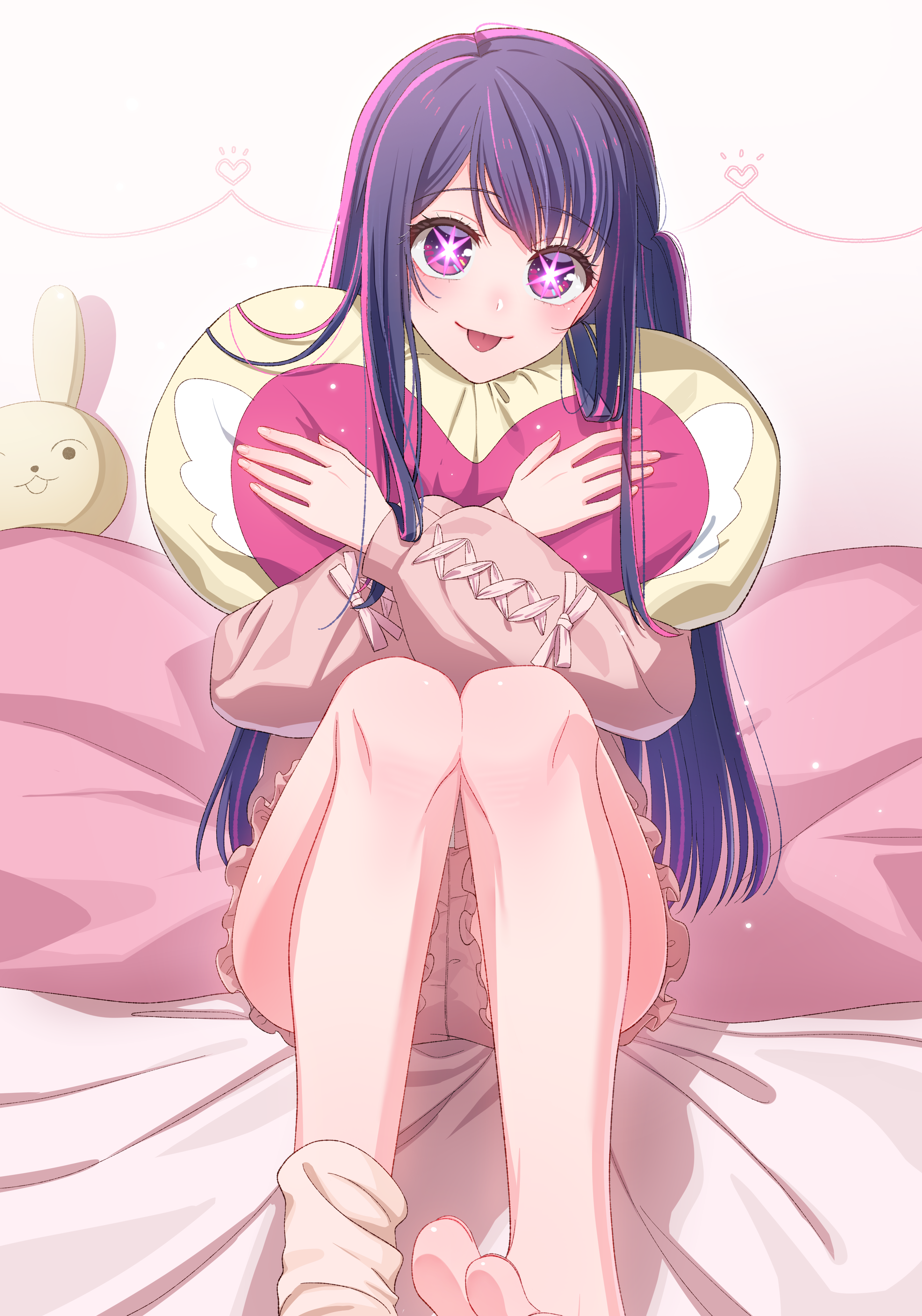 1girl :p absurdres barefoot blush commentary dress feet gloves hair_between_eyes hair_ornament heart heart-shaped_pillow highres hoshino_ai long_hair long_sleeves looking_at_viewer oshi_no_ko pajamas pillow purple_eyes purple_hair smile solo star-shaped_pupils star_(symbol) symbol-shaped_pupils tachibana_reiya toes tongue tongue_out