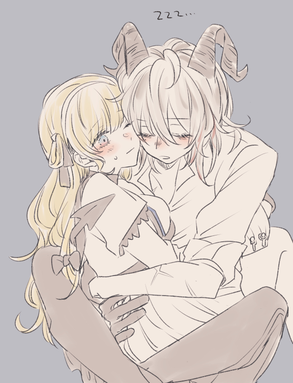 2girls blonde_hair blush closed_eyes closed_mouth commentary_request demon_tail gloves grey_background grey_eyes grey_hair horns hug long_hair multiple_girls one_eye_closed pants parted_lips phoebe_(wuthering_waves) scar scar_on_arm short_sleeves simple_background sleeves_rolled_up sweatdrop tail wuthering_waves xxxxxio55 yuri zani_(wuthering_waves) zzz