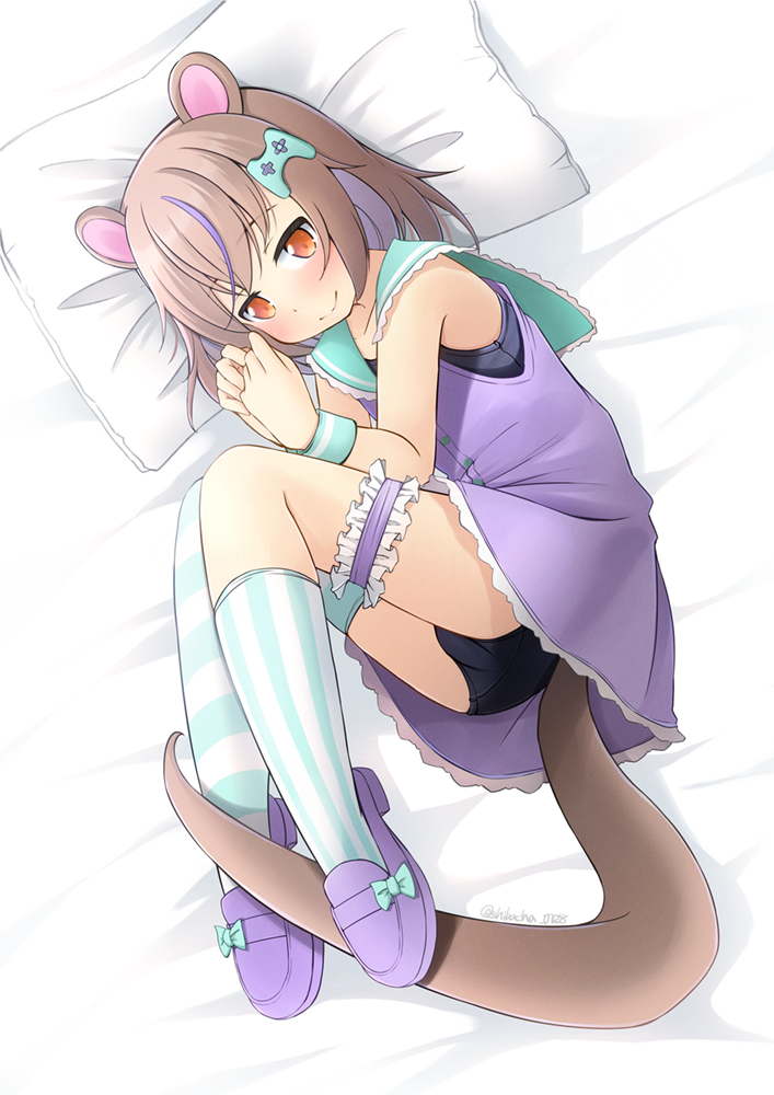 1girl animal_ears aqua_sailor_collar asymmetrical_legwear blue_one-piece_swimsuit borrowed_character brown_hair colored_inner_hair commentary_request commission controller dress fetal_position game_controller hair_ornament lying multicolored_hair on_side one-piece_swimsuit orange_eyes original pillow purple_dress purple_hair purple_shoes sailor_collar sailor_dress school_uniform shibacha shoes short_hair single_thighhigh skeb_commission socks solo streaked_hair striped_clothes striped_socks striped_thighhighs swimsuit swimsuit_under_clothes tail thighhighs wristband