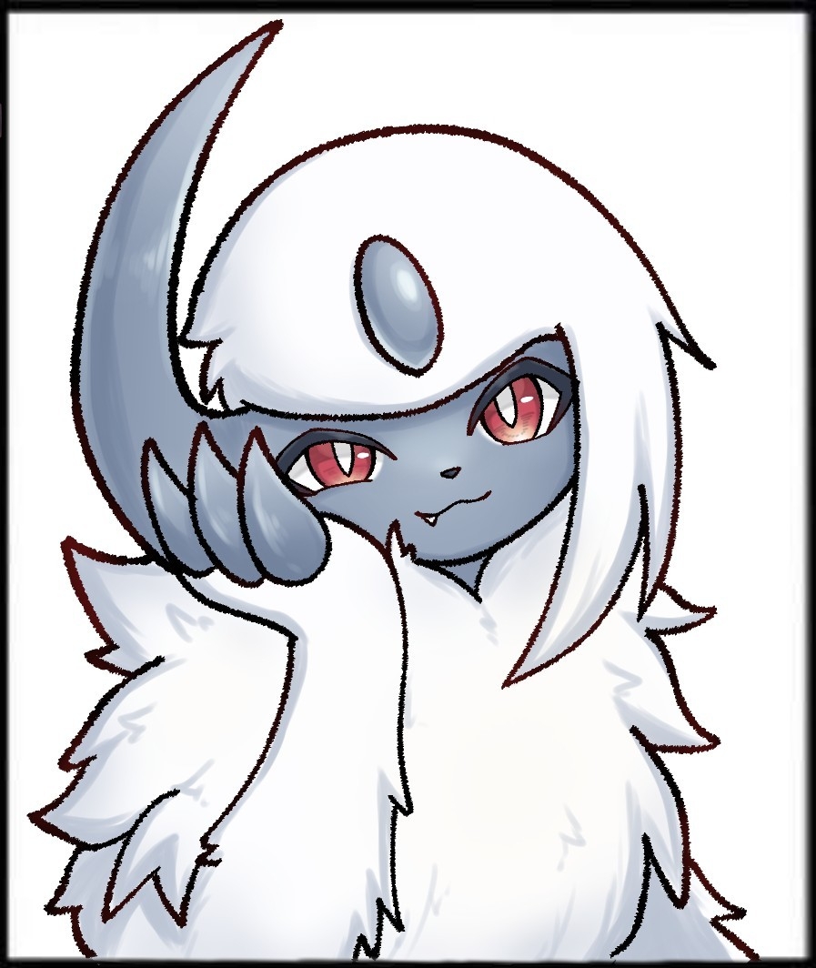 absol bright_pupils claws closed_mouth fang forehead_jewel gen_3_pokemon horns long_hair looking_at_viewer nintendo no_humans pokemon pokemon_(creature) red_eyes single_horn smile solo soruva_359 white_hair white_pupils