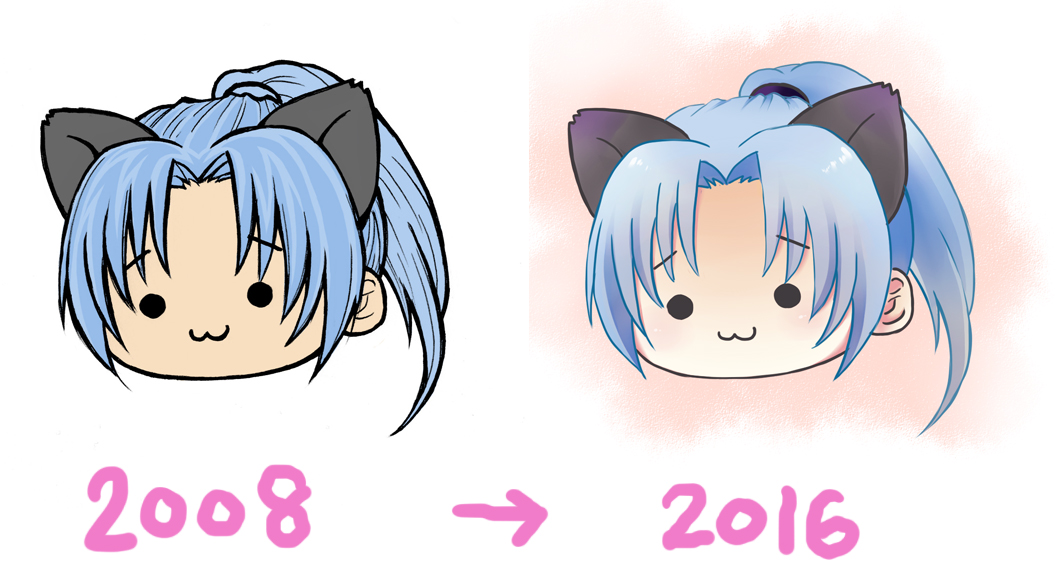 1boy 2008 2016 :3 animal_ears arch_bishop_(ragnarok_online) artist_progress blue_hair cat_ears closed_mouth commentary_request curtained_hair head_only high_ponytail long_hair male_focus parted_bangs ponytail ragnarok_online sasamuke_pika solid_circle_eyes white_background
