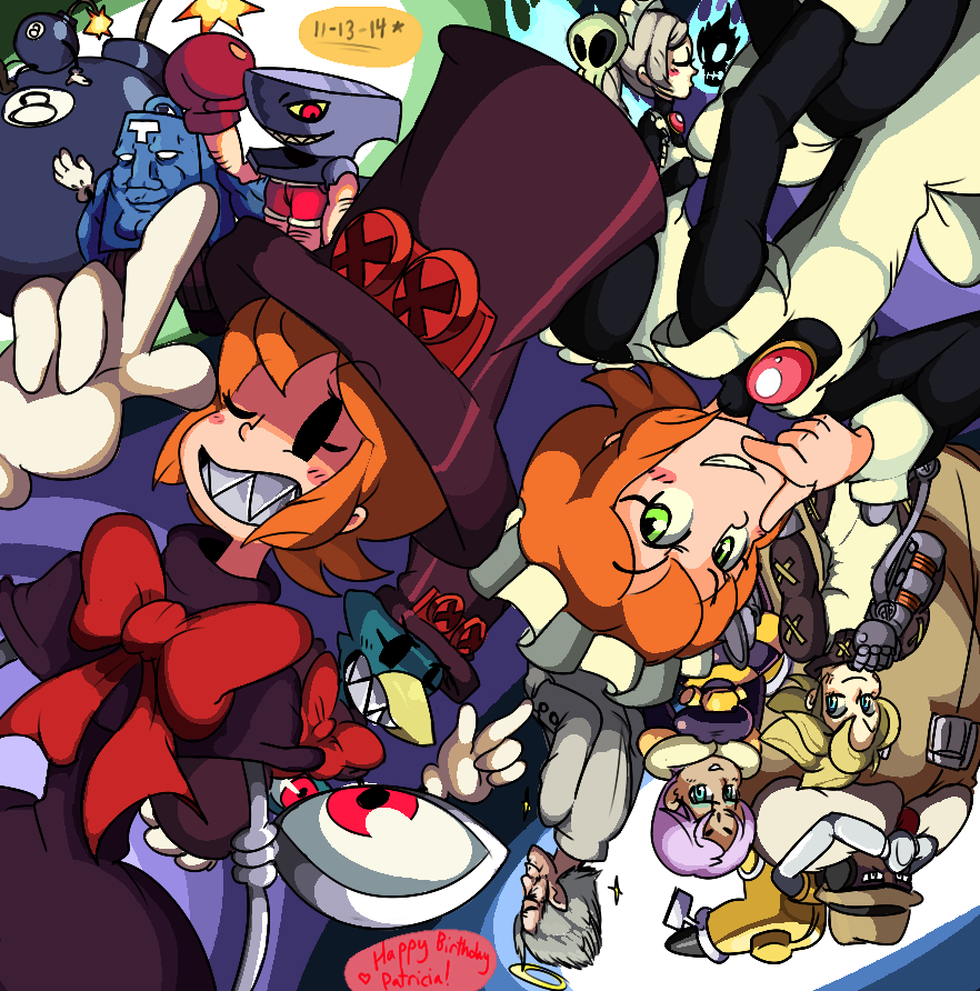 6+boys 6+girls artist_request avery_(skullgirls) big_band birthday blonde_hair bloody_marie_(skullgirls) blue_eyes bomb brown_hair bun_cover dark_skin dr_avian_(skullgirls) dress explosive george_the_bomb green_eyes grey_hair hair_ornament happy_birthday hat hive_(skullgirls) instrument leduc_(skullgirls) lenny_the_bomb long_hair maid maid_headdress mechanical_arms multiple_boys multiple_girls old old_man open_mouth orange_hair peacock_(skullgirls) pink_hair red_eyes saxophone shark short_hair skull_hair_ornament skull_heart skullgirls smile stanley_whitefin stitches teeth tommy_ten-tons top_hat twintails