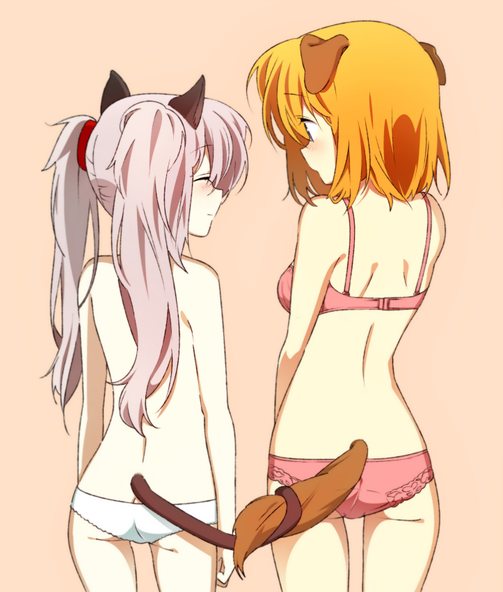 00s 2girls :o ^_^ animal_ears ass back bad_id bad_pixiv_id beige_background blue_eyes blush bra butt_crack cat_ears cat_tail closed_eyes closed_mouth cowboy_shot dog_ears dog_tail from_behind fuyou_kaede hair_tie happy intertwined_tails kemonomimi_mode lace lace-trimmed_panties lace_panties lace_trim light_smile long_hair looking_at_another multiple_girls open_mouth orange_hair pale_skin panties pink_bra pink_panties primula profile short_hair shuffle! silver_hair simple_background smile standing tail tail_wrap tariho_(robotanime) topless_female twintails underwear underwear_only white_panties yuri