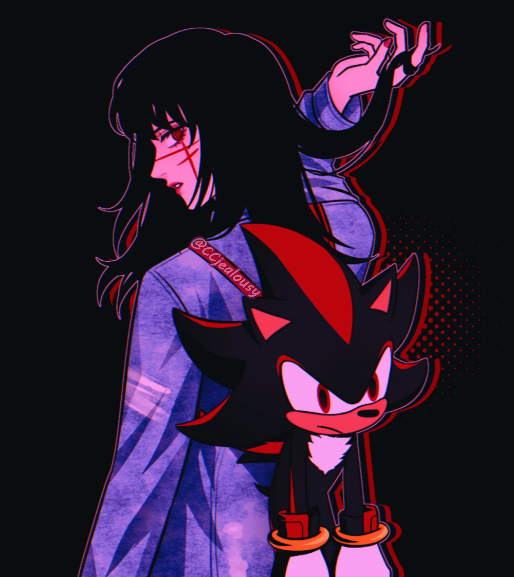 1boy 1girl black_hair blue_jacket chainsaw_man commentary cross_scar crossover czy_(2894456992) facial_scar frown hand_in_own_hair jacket looking_back red_eyes ringed_eyes scar scar_on_cheek scar_on_face scar_on_nose shadow_the_hedgehog sonic_(series) twitter_username watermark yoru_(chainsaw_man)