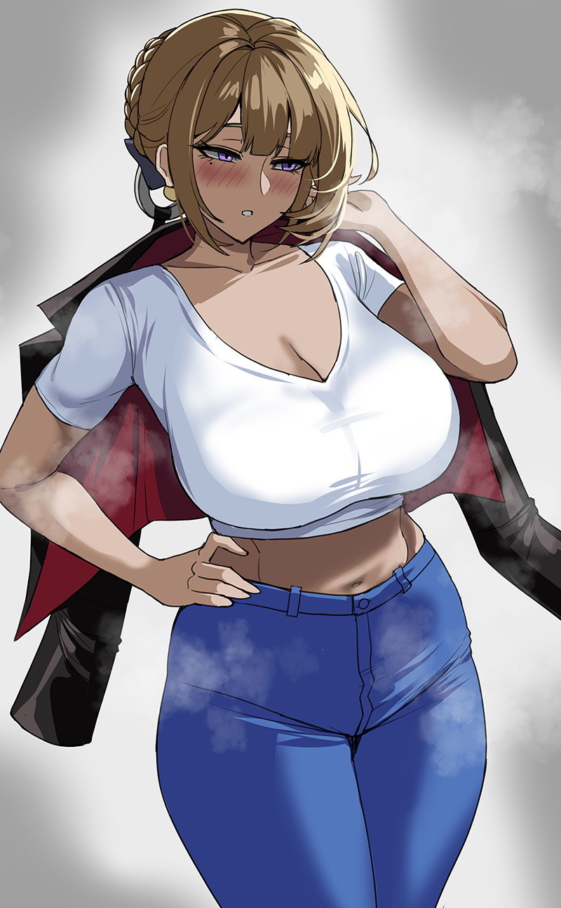 1girl alternate_costume black_jacket blonde_hair blue_pants blush breasts cleavage collarbone crop_top cropped_shirt evelyn_chevalier hand_on_own_hip hella_p highres jacket pants parted_lips purple_eyes shirt short_sleeves textless_version white_shirt wide_hips zenless_zone_zero