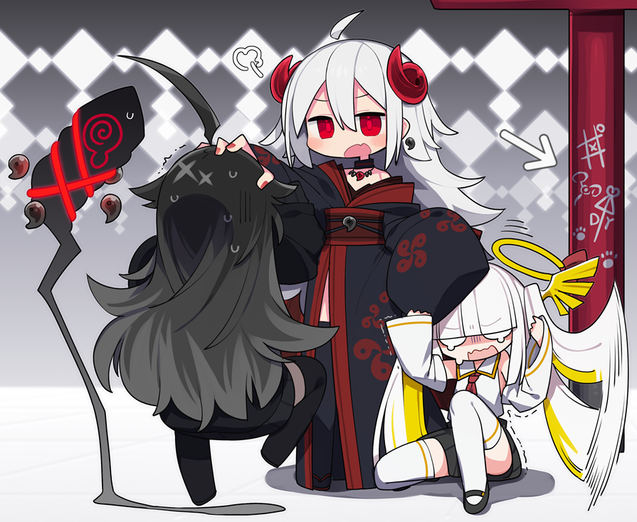 3girls ahoge ai_ai_gasa arms_up arrow_(symbol) ascot black_kimono black_skirt black_sweater black_thighhighs blank_eyes blonde_hair blunt_bangs blush bound collared_vest commentary_request curled_horns detached_sleeves earrings fang grey_hair hair_flaps hair_ornament halo hand_up head_grab horns japanese_clothes jewelry kimono kisaragi_kaya long_hair long_sleeves looking_at_another magatama magatama_earrings magatama_necklace mary_janes misumaru_tama_(kisaragi_kaya) multicolored_hair multiple_girls necklace obi obijime one_eye_closed original paw_print pleated_skirt red_ascot red_eyes red_horns red_nails red_pupils red_sash sash shoes single_bare_shoulder skin_fang skirt smear_frame standing streaked_hair sweater tearing_up thighhighs tic-tac-toe trembling twintails vandalism very_long_hair vest white_hair white_thighhighs white_vest wide_sleeves yste