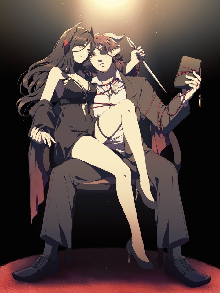 1boy 1girl arknights bare_legs black_background black_dress black_footwear black_hair black_shawl black_suit book breasts collared_shirt commentary_request couple demon_horns dress eyepatch facial_hair formal_clothes gradient_background head_on_another&#039;s_shoulder hetero high_heels hoederer_(arknights) holding holding_book holding_needle horns ines_(arknights) knee_up large_breasts lari_lab long_hair looking_at_another needle oversized_object pointy_ears red_hair shadow shawl shirt short_hair sitting sitting_on_lap sitting_on_person spread_legs string stubble suit white_shirt yellow_eyes