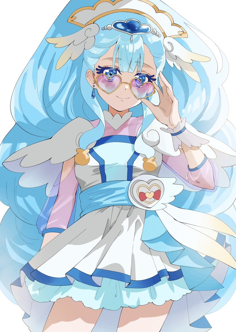 1girl adjusting_eyewear bespectacled blue_eyes blue_hair blue_wrist_cuffs blush breasts cowboy_shot cure_ange dress earrings glasses hair_ornament heart heart-shaped_eyewear heart_pouch hugtto!_precure jewelry long_hair looking_at_viewer magical_girl muginome_(bakuga_chan2) pink-tinted_eyewear precure see-through_clothes see-through_sleeves small_breasts smile solo sunglasses thick_eyelashes tinted_eyewear very_long_hair wrist_cuffs yakushiji_saaya
