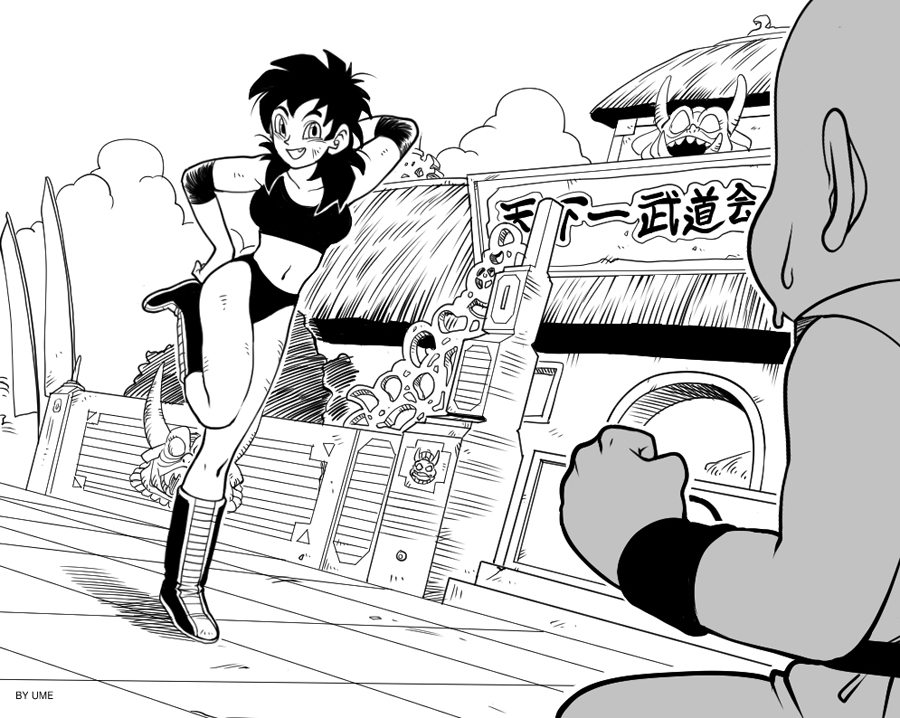 1boy 1girl arm_behind_head artist_name bacterian boots crop_top dirty dragon_ball dutch_angle elbow_pads fang genderswap genderswap_(mtf) greyscale kuririn midriff monochrome navel no_pants panties standing standing_on_one_leg sweat sweatdrop tank_top umelim underwear