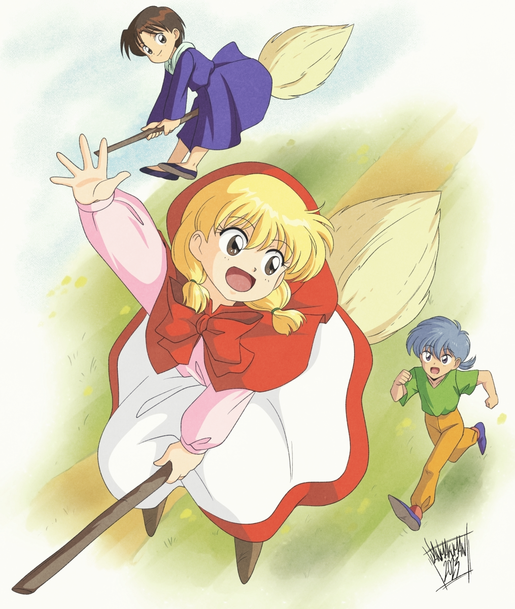 1girl 2boys akazukin_chacha blonde_hair blue_hair broom broom_riding brown_footwear brown_hair chacha_(akazukin_chacha) child cloak commentary danmakuman dress english_commentary flying hair_tie hand_up highres hood hood_up hooded_cloak multiple_boys outdoors pants red_cloak riiya_(akazukin_chacha) running shiine_(akazukin_chacha) shirt short_dress short_hair short_twintails twintails