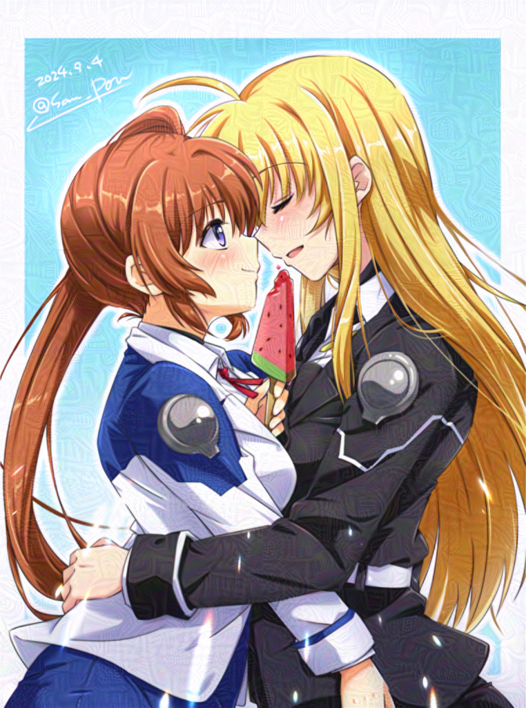 2girls adversarial_noise blonde_hair blush brown_hair closed_eyes couple dated eating fate_testarossa food holding holding_food holding_popsicle long_hair lyrical_nanoha mahou_shoujo_lyrical_nanoha_strikers multiple_girls open_mouth popsicle purple_eyes san-pon signature smile takamachi_nanoha tsab_air_military_uniform tsab_executive_military_uniform watermelon_bar yuri