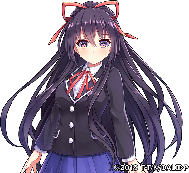 1girl black_jacket blazer blue_skirt breasts collared_shirt date_a_live edamame_senpai hair_ribbon jacket long_hair long_sleeves looking_at_viewer medium_breasts neck_ribbon official_art pleated_skirt ponytail purple_eyes purple_hair raizen_high_school_uniform red_ribbon ribbon school_uniform shirt skirt smile solo upper_body vivid_army white_background white_shirt yatogami_tohka