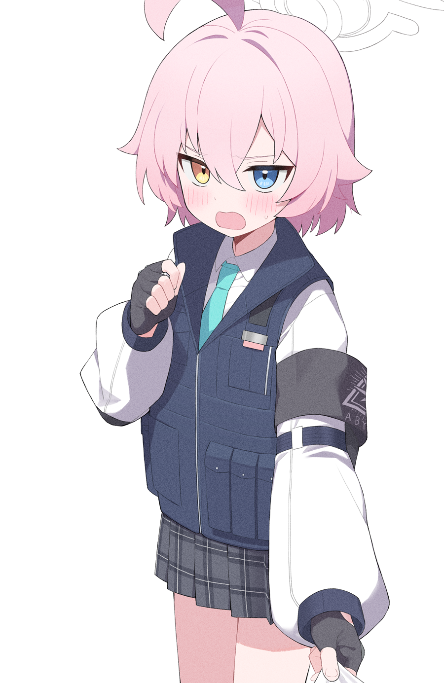 1girl ahoge aqua_necktie armband billbung black_armband black_skirt blue_archive blue_eyes blush fingerless_gloves gloves hair_between_eyes halo heterochromia highres hoshino_(blue_archive) hoshino_(first_year)_(blue_archive) hoshino_(young)_(blue_archive) long_sleeves looking_at_viewer necktie open_mouth pink_hair plaid_clothes plaid_skirt short_hair simple_background skirt utility_vest vest white_background white_halo yellow_eyes