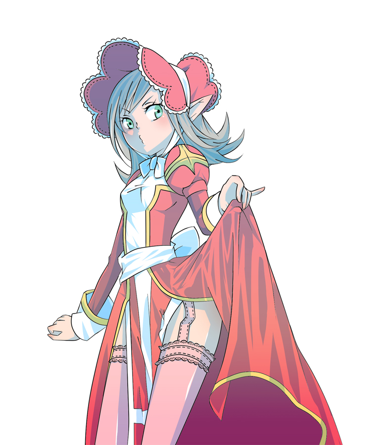 1girl back_bow blush bonnet bow breasts closed_mouth commentary_request cowboy_shot curtsey dress garter_straps green_eyes grey_hair high_priest_(ragnarok_online) juliet_sleeves long_hair long_sleeves looking_at_viewer medium_breasts mere_(enya) pelvic_curtain pink_thighhighs pointy_ears puffy_sleeves ragnarok_online red_bonnet red_dress sash simple_background solo thighhighs two-tone_dress white_background white_bow white_dress white_sash