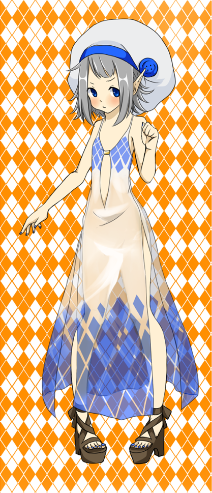 1girl argyle_background argyle_clothes argyle_dress blue_eyes blue_nails blush brown_sandals closed_mouth commentary_request dress fingernails flat_chest full_body grey_hair hat looking_at_viewer meiko_(nattu303) orange_background platform_sandals pointy_ears ragnarok_online sandals see-through_clothes see-through_dress short_hair side_slit sleeveless sleeveless_dress solo sorcerer_(ragnarok_online) tam_(ragnarok_online) toenails white_hat