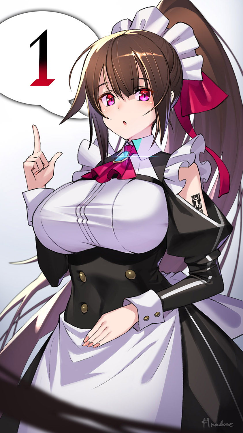 1girl :o amagi_(oreaku) android apron breasts brown_hair frills high_ponytail highres index_finger_raised large_breasts long_hair looking_at_viewer maid maid_apron maid_headdress official_art ore_wa_seikan_kokka_no_akutoku_ryoushu! pink_eyes ponytail robot_girl solo takamine_nadare tattoo very_long_hair