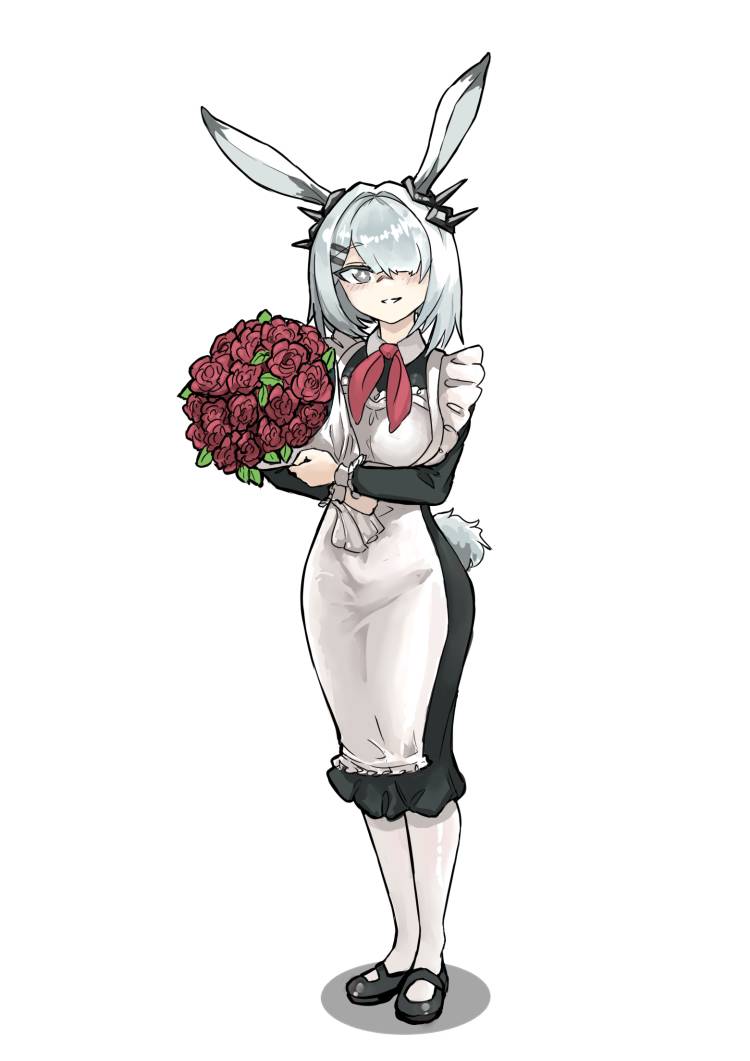 1girl :d alternate_costume animal_ears apron arknights black_dress black_shoes bouquet chinese_commentary commentary dress enmaided flower frilled_apron frills frostnova_(arknights) full_body grey_eyes grey_hair grey_tail grin hair_ornament hair_over_one_eye hairclip holding holding_bouquet long_sleeves looking_at_viewer maid maid_apron one_eye_covered open_mouth pantyhose pencil_dress rabbit_ears rabbit_girl rabbit_tail red_flower red_rose rose scar scar_on_face scar_on_nose shoes short_hair simple_background smile solo standing tail white_apron white_background white_pantyhose yi_yi_si