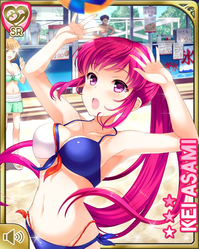 1girl artist_request asami_kei ball beach beach_volleyball bikini breasts cowboy_shot girlfriend_(kari) long_hair medium_breasts navel official_art playing_sports ponytail purple_eyes red_hair swimsuit very_long_hair volleyball volleyball_(object)