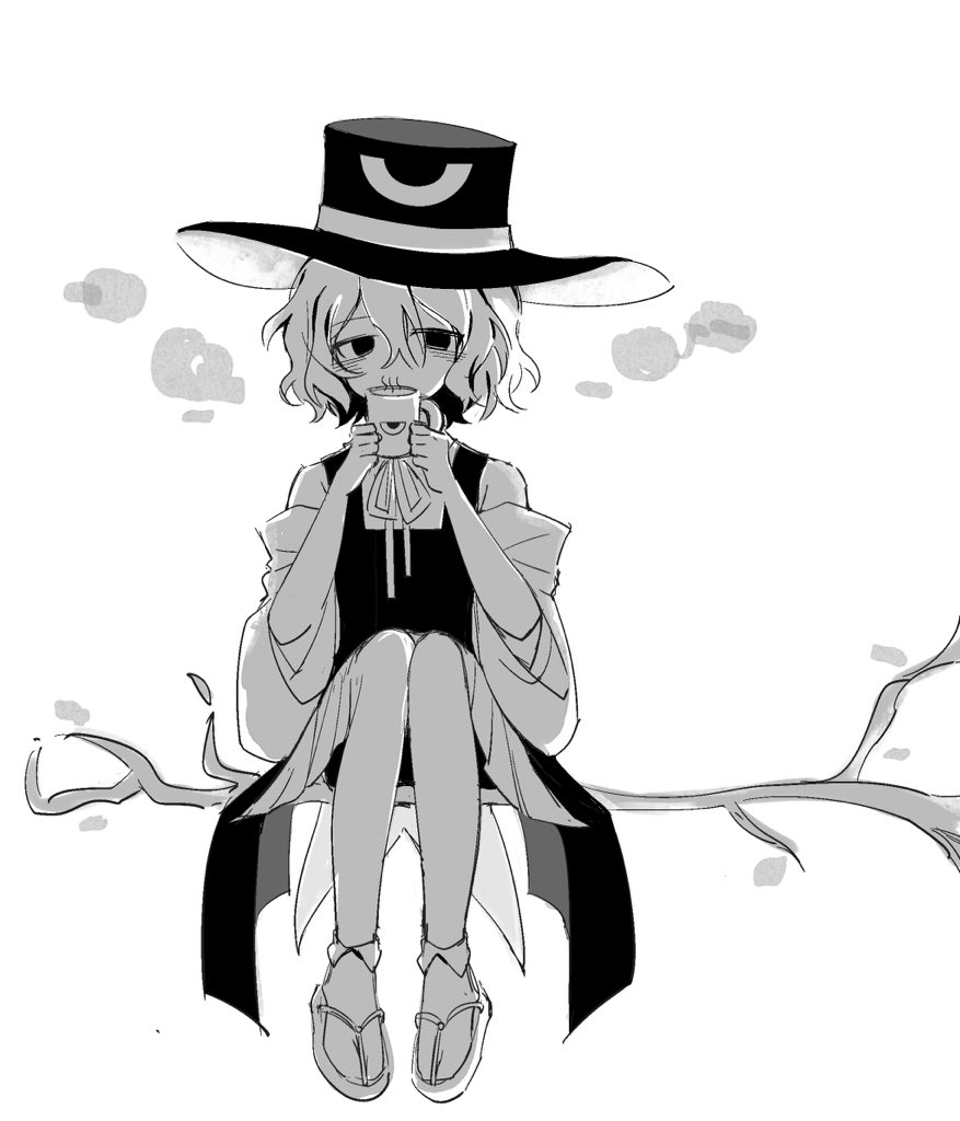 1other androgynous bags_under_eyes bare_shoulders bow bowtie coat coffee collared_socks covered_mouth cup detached_sleeves enraku_tsubakura eye_of_senri full_body geta greyscale hakama hakama_short_skirt hakama_skirt hat holding holding_cup japanese_clothes len&#039;en long_sleeves monochrome mug one-hour_drawing_challenge other_focus sandals shirt short_hair simple_background sitting_on_branch skirt sleeveless sleeveless_coat sleeveless_shirt solo steam tabi top_hat two-sided_fabric two-sided_headwear white_background wide_brim wide_sleeves xiao_ganju_nailuo zouri