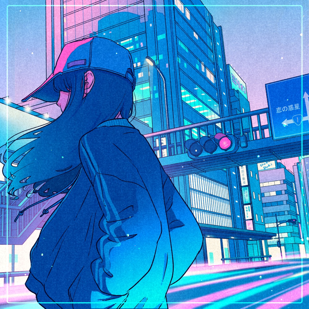 1girl black_hair blue_hat blue_jacket blue_sky bridge building city gradient_sky hands_in_pockets hat jacket long_hair neon_palette original pedestrian_bridge pink_sky scenery sky solo stairs streetwear traffic_light wacca005