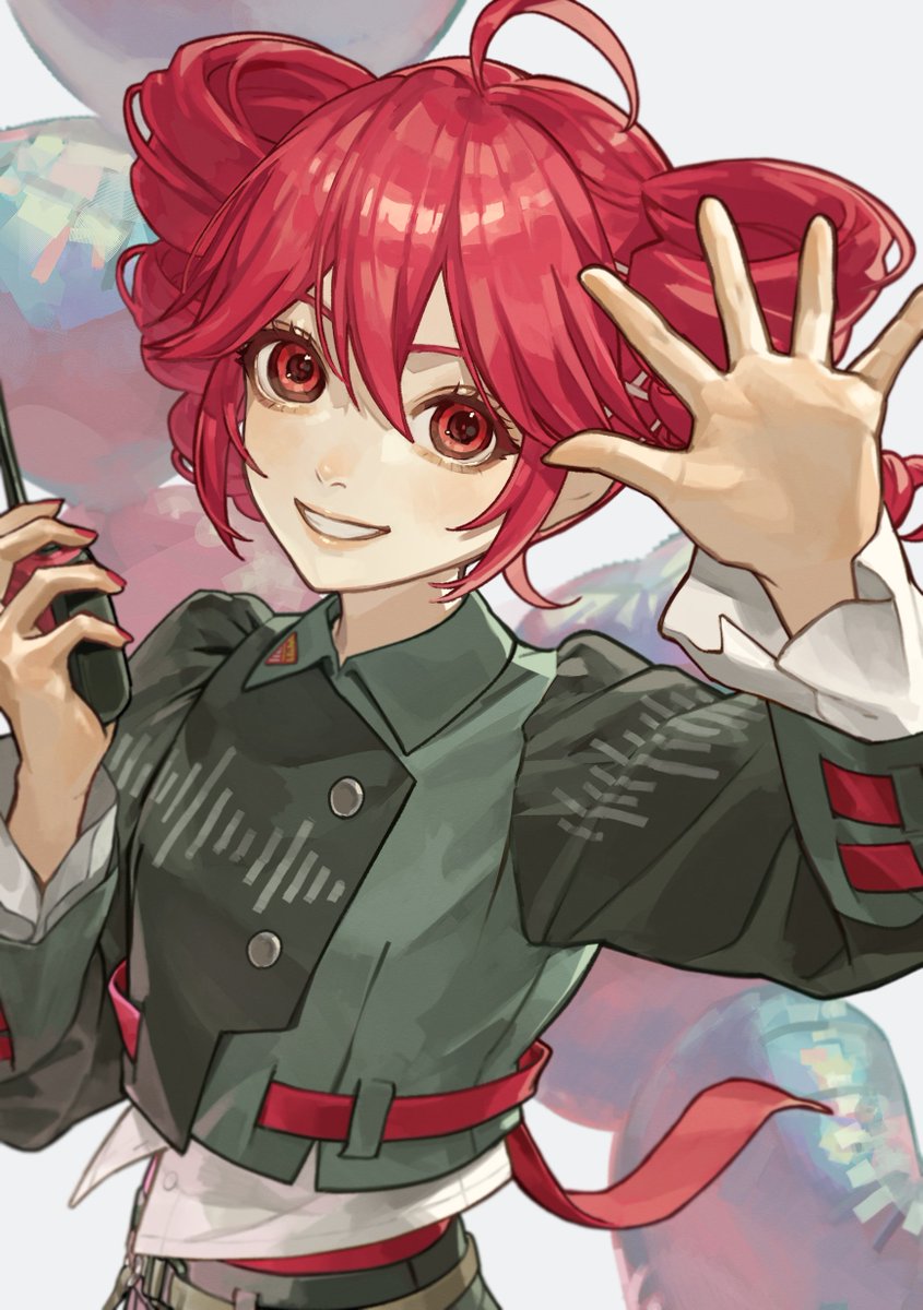 1girl ahoge balloon black_shirt black_skirt buttons collared_shirt commentary_request drill_hair flat_chest grey_background grey_shirt grin hair_between_eyes hand_up highres kasane_teto kasane_teto_(voicepeak) lips long_sleeves looking_at_viewer red_eyes red_hair sakauchi_waka shirt simple_background skirt skirt_set smile solo sound_wave twin_drills utau voicepeak walkie-talkie wing_collar