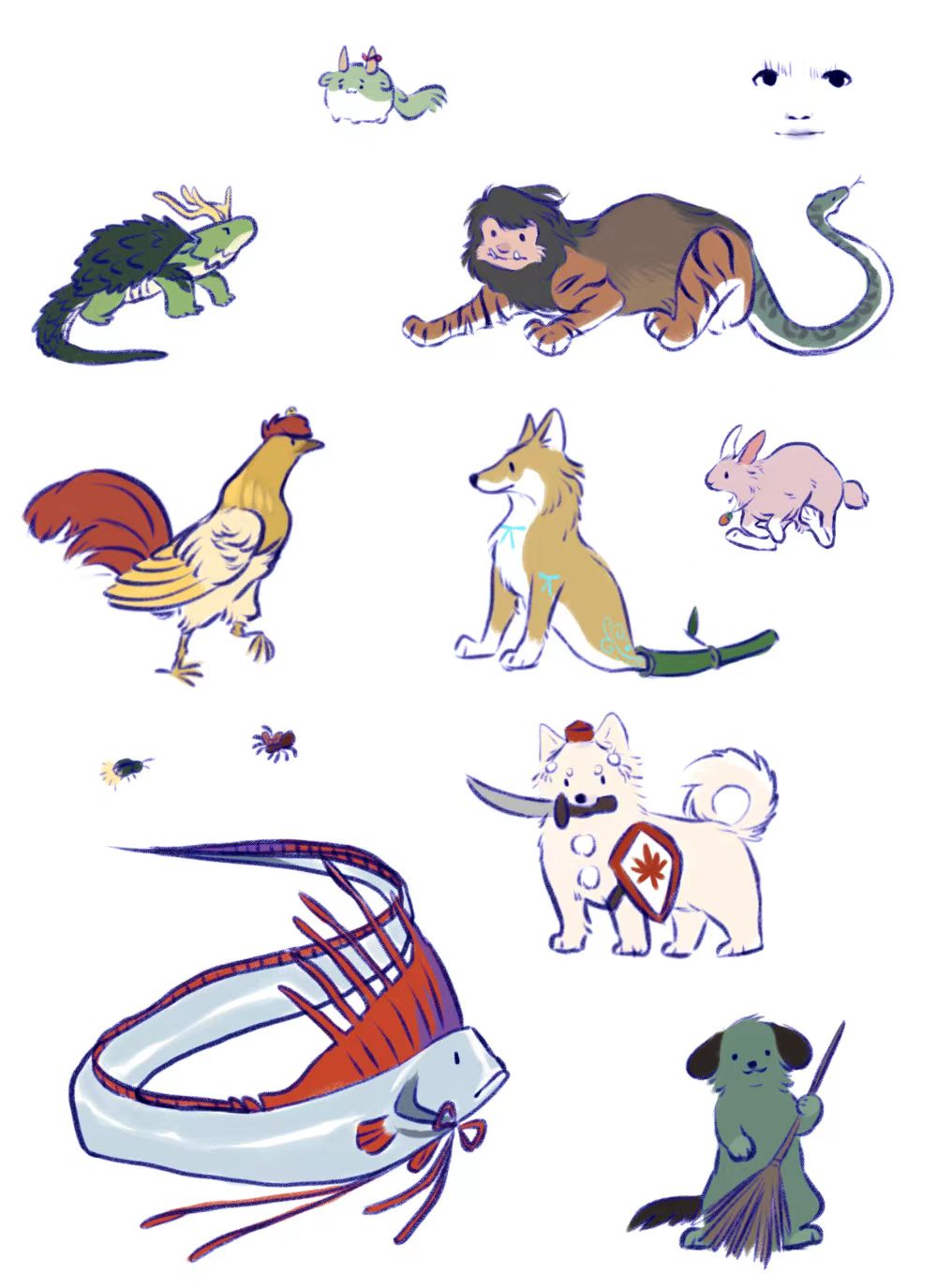 animal animal_on_head animalization bamboo bird bird_on_head broom bug carrot_necklace character_request chick chicken commentary_request firefly fish fox highres holding holding_broom horn_ornament horn_ribbon horns houjuu_nue houjuu_nue_(nue) inaba_tewi insect inubashiri_momiji inubashiri_momiji_(wolf) jewelry kamishirasawa_keine kasodani_kyouko kasodani_kyouko_(yamabiko) kicchou_yachie kicchou_yachie_(jidiao) kudamaki_tsukasa kudamaki_tsukasa_(fox) kurodani_yamame kurodani_yamame_(spider) nagae_iku nagae_iku_(fish) necklace niwatari_kutaka niwatari_kutaka_(chicken) nue oarfish on_head pendant rabbit ribbon satellitedragon shield spider sukusuku_hakutaku sword touhou unsheathed weapon weapon_in_mouth wolf wriggle_nightbug wriggle_nightbug_(bug)